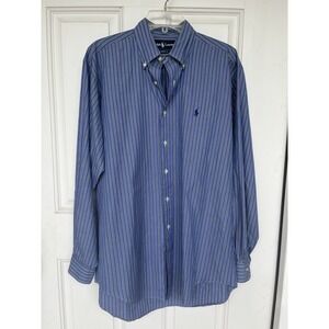 Vintage 90's Ralph Lauren‎ Sz MED 15.5 Button Up Dress Shirt Blue Striped Preppy